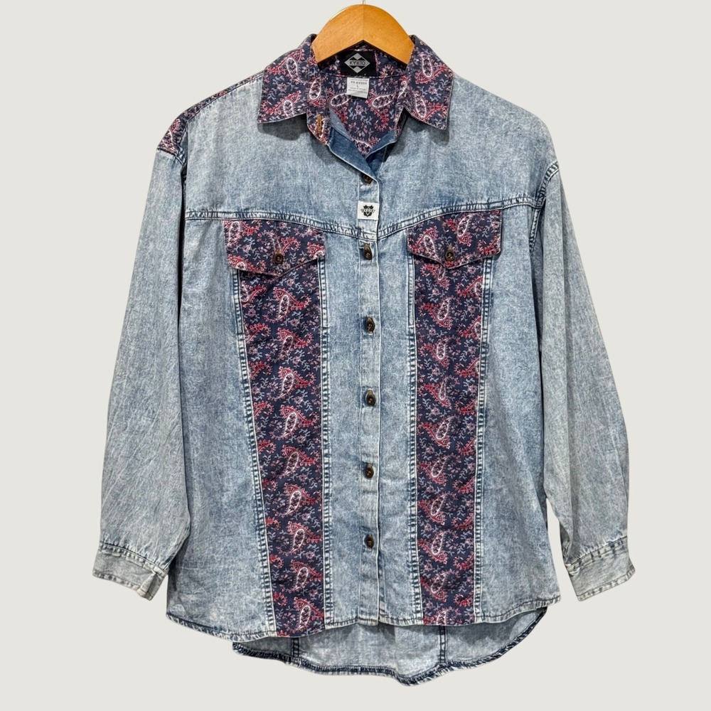 Kyoto Denim Shirt Women Large Blue Paisley Acid Wash Vintage Western Button Down
